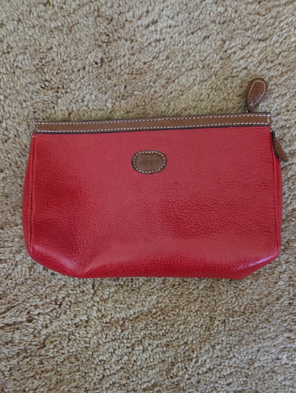 Onna Red Leather Zip Pouch with Brown Trim